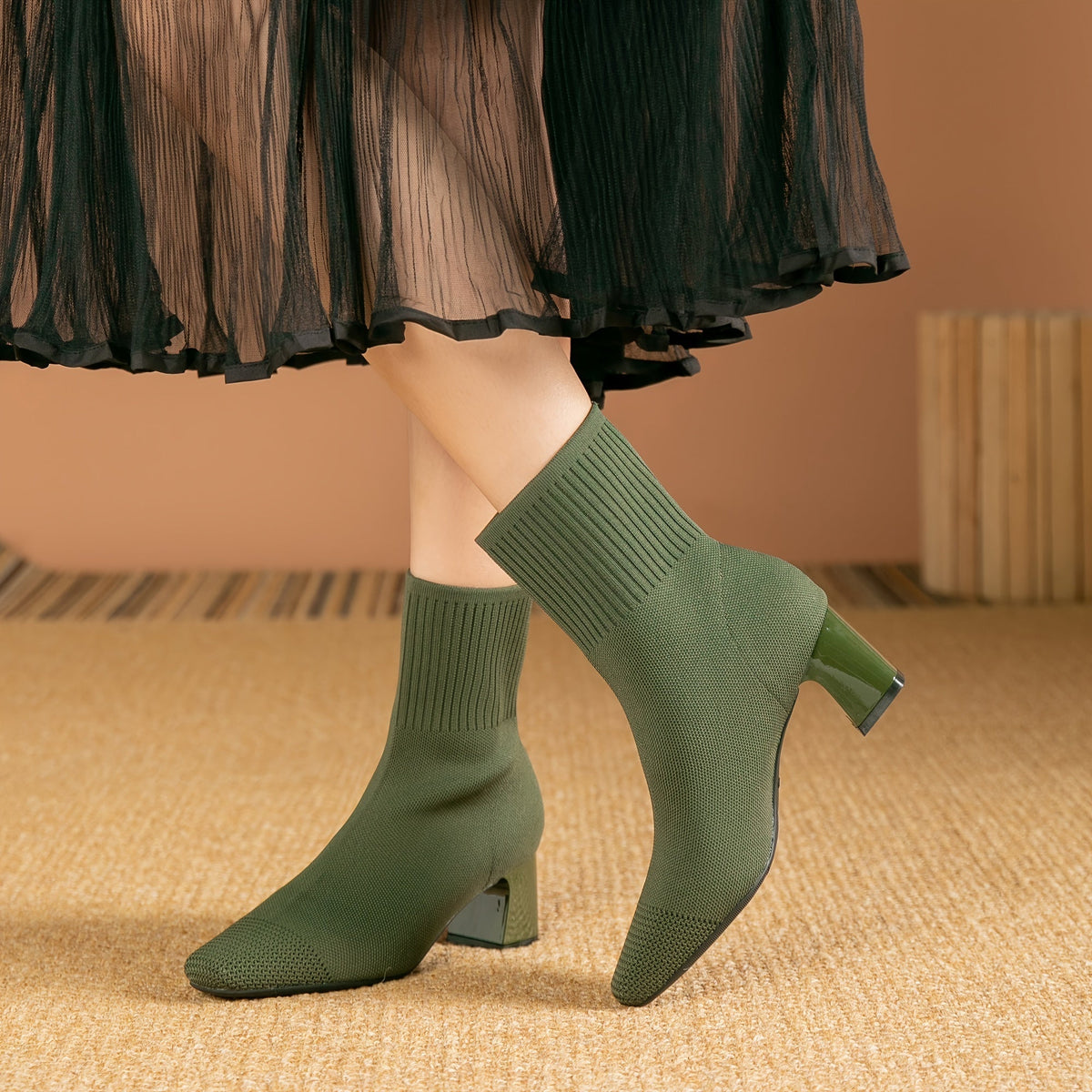 Stretch Knit Ankle Boots with Block Heel