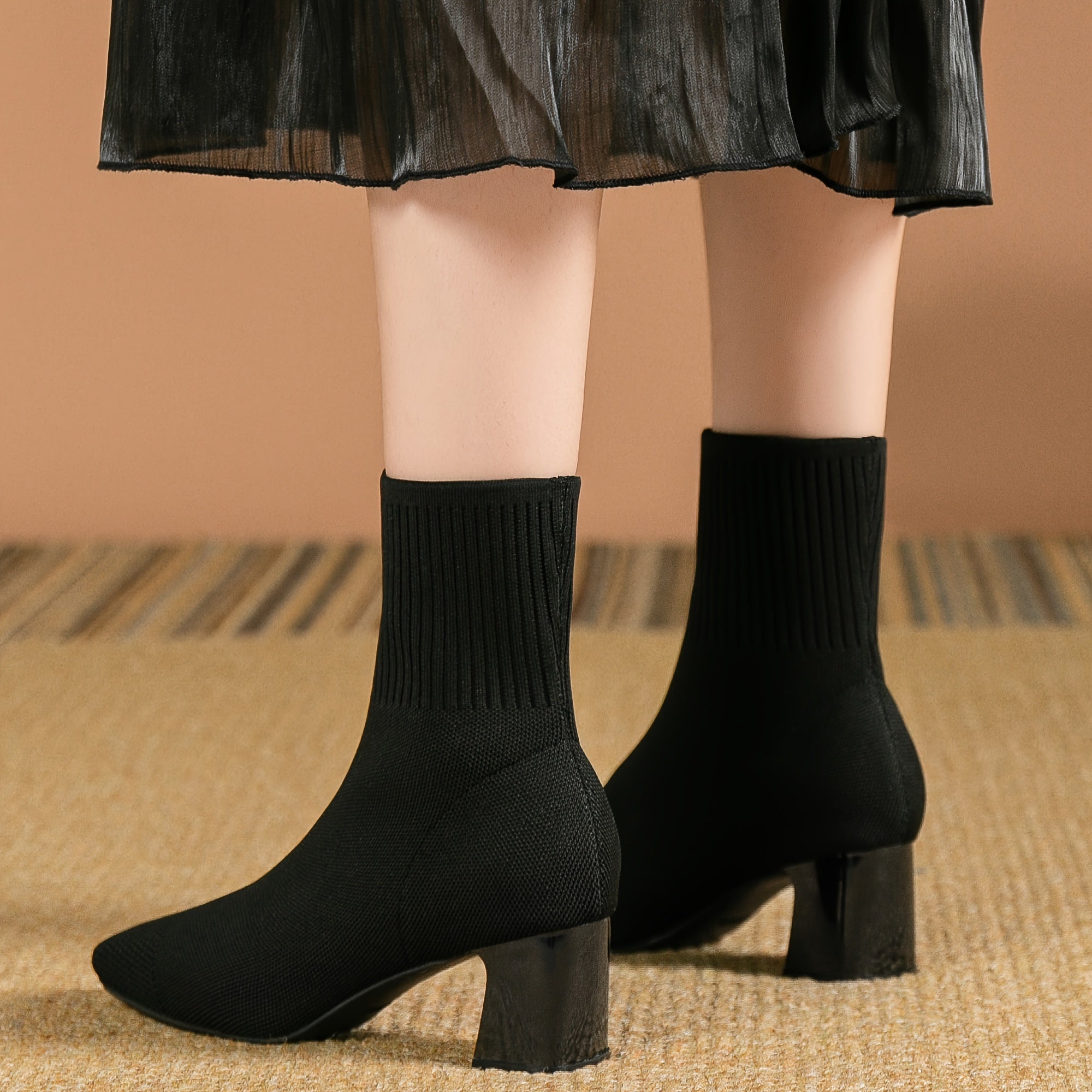 Stretch Knit Ankle Boots with Block Heel
