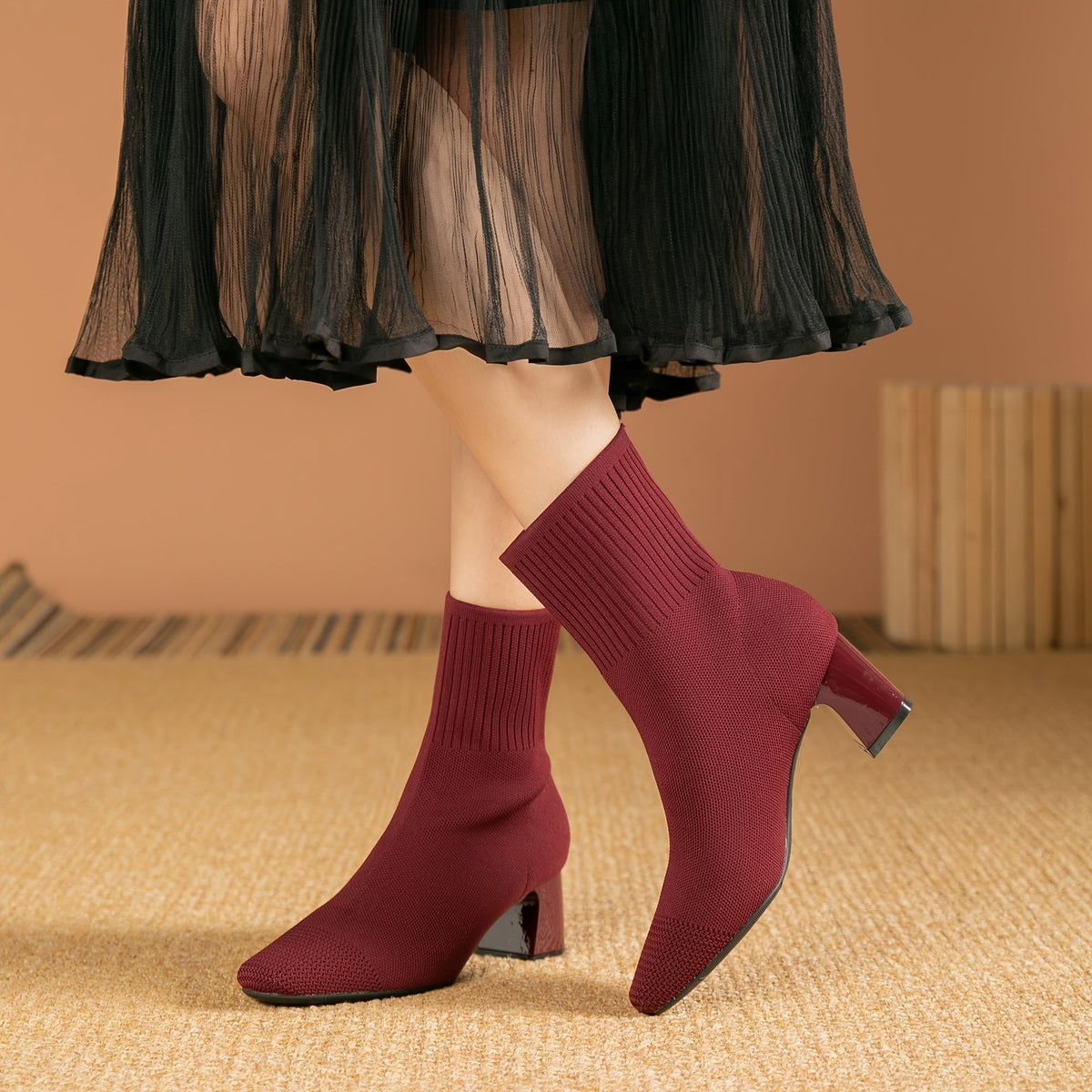 Stretch Knit Ankle Boots with Block Heel