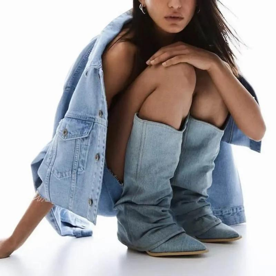 Pleated Pointed-Toe Tall Block Heel Boots