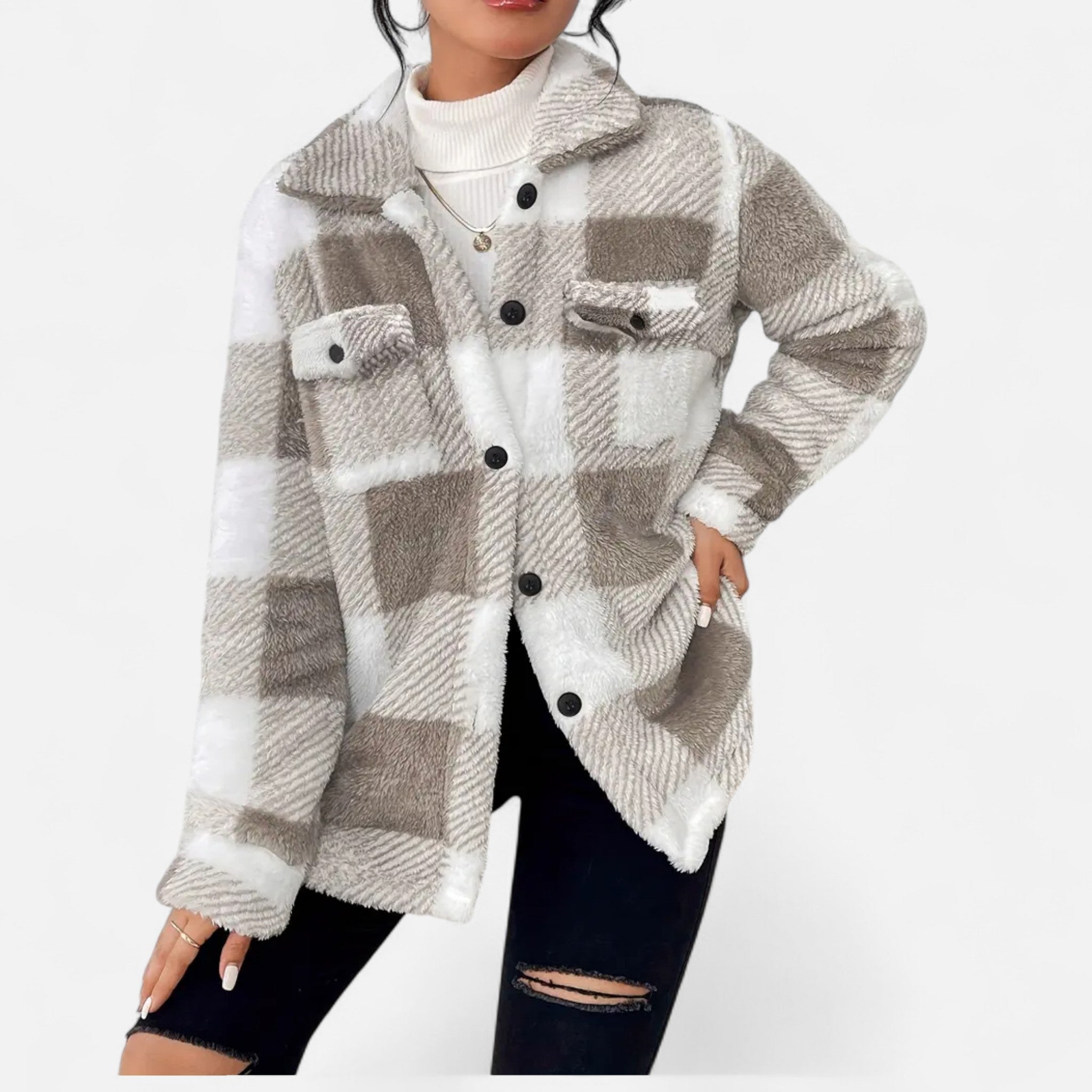 Sophie Laurent Plush Checkered Sherpa Jacket