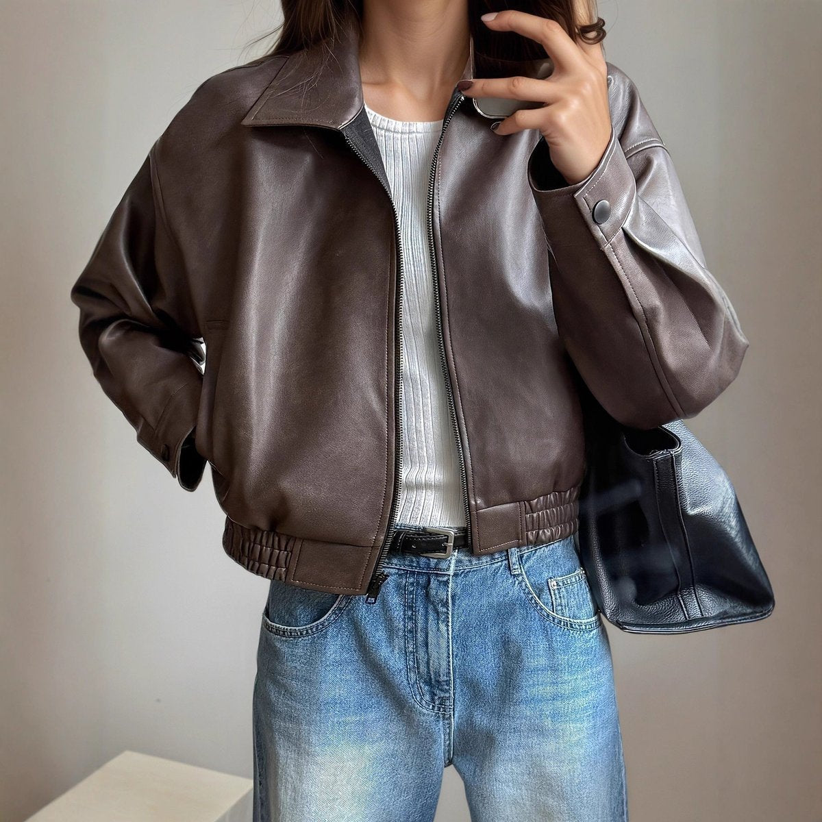 Relaxed Fit Faux Leather Bomber Jacket