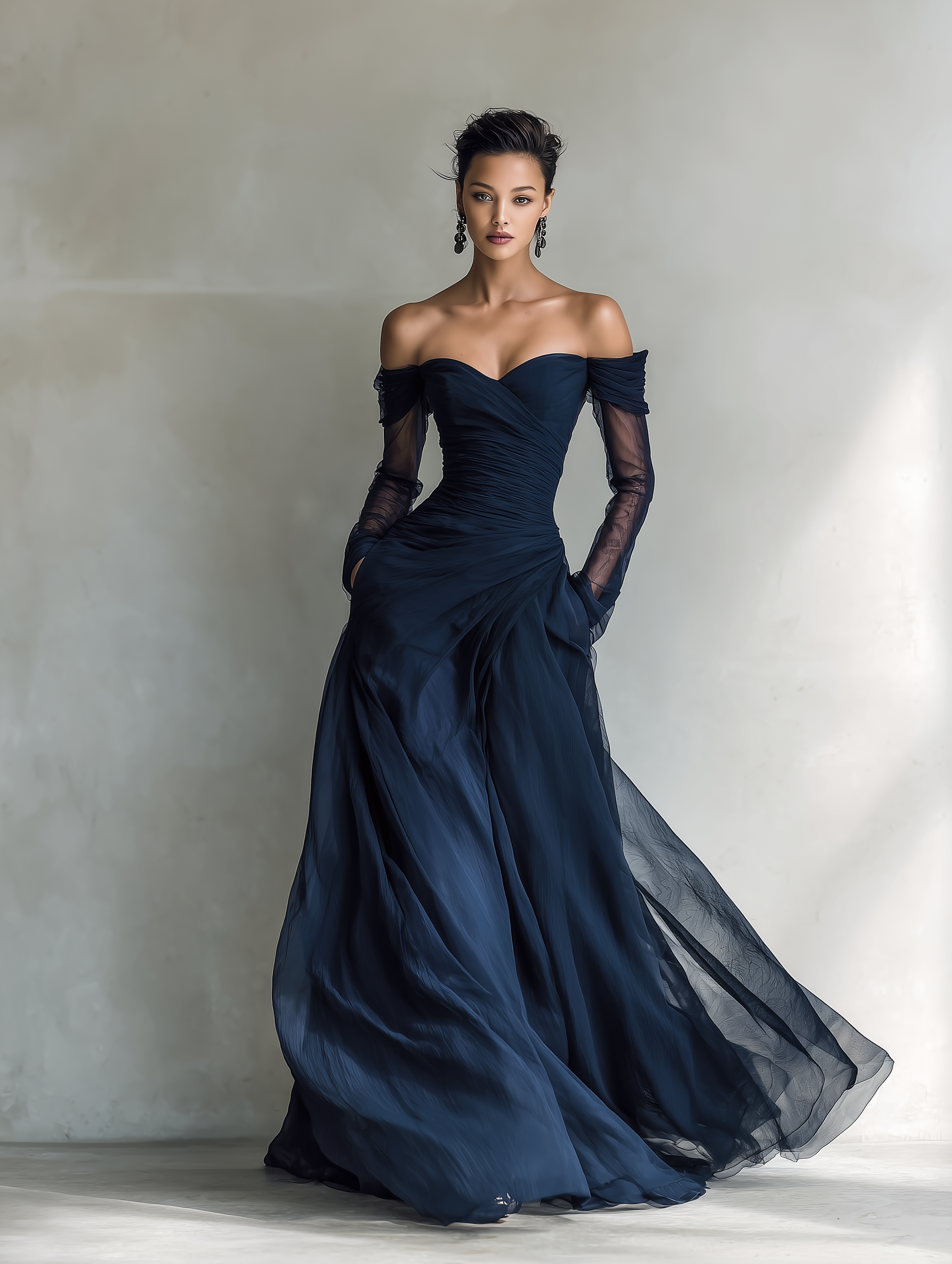 Off-Shoulder Fitted Chiffon Organza Maxi Dress