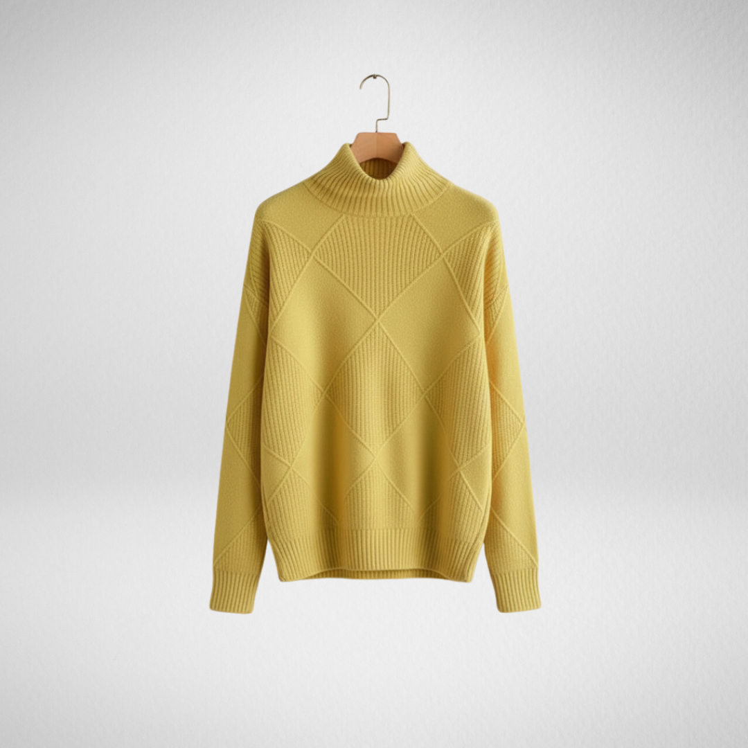 Diamond Knit Turtleneck Sweater with Ribbed Cuffs