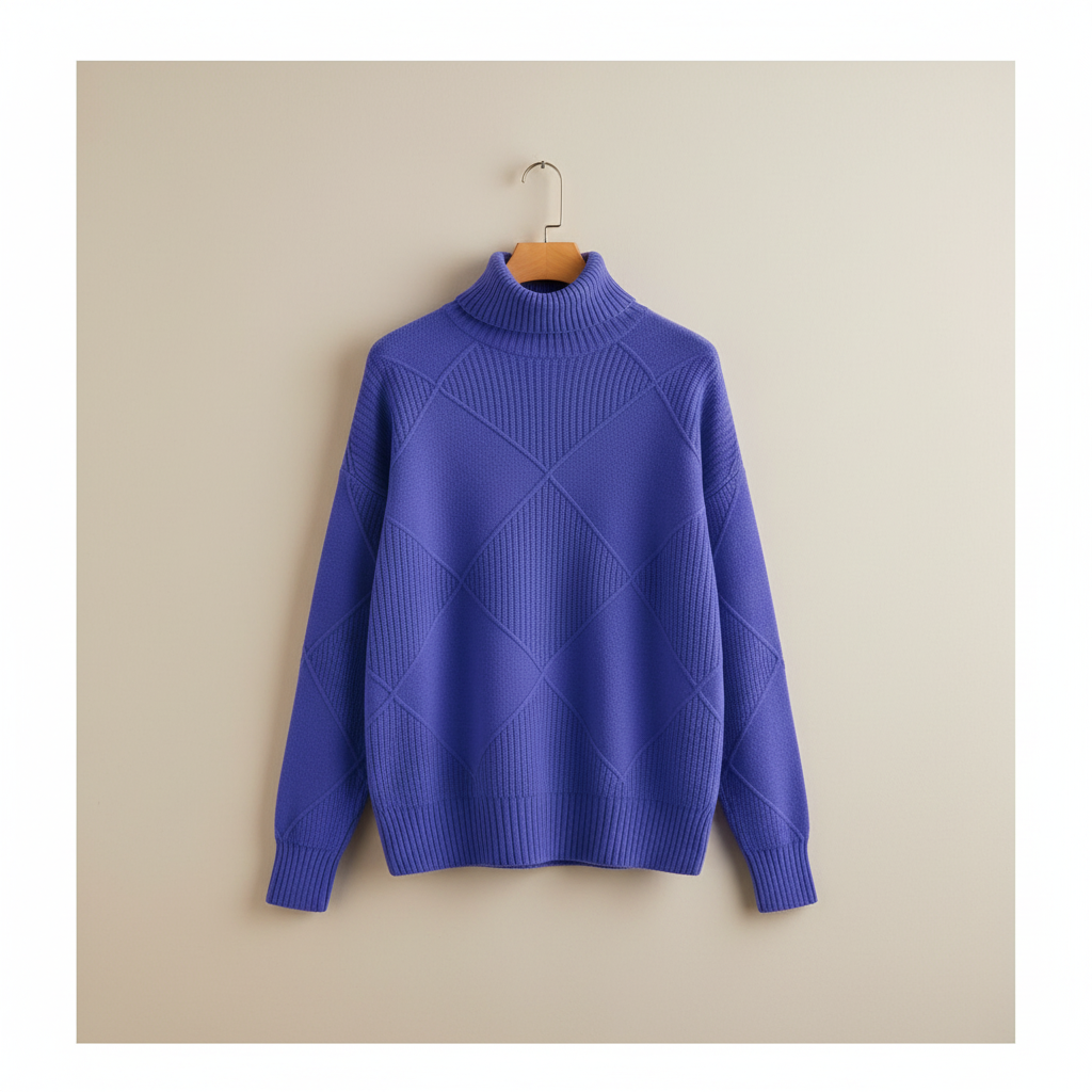 Diamond Knit Turtleneck Sweater with Ribbed Cuffs