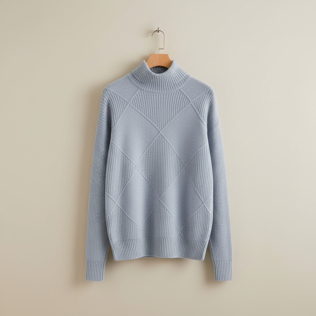 Diamond Knit Turtleneck Sweater with Ribbed Cuffs