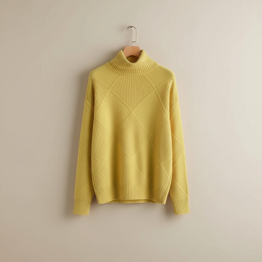 Diamond Knit Turtleneck Sweater with Ribbed Cuffs