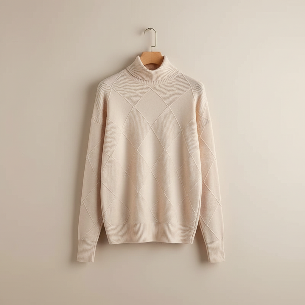 Diamond Knit Turtleneck Sweater with Ribbed Cuffs