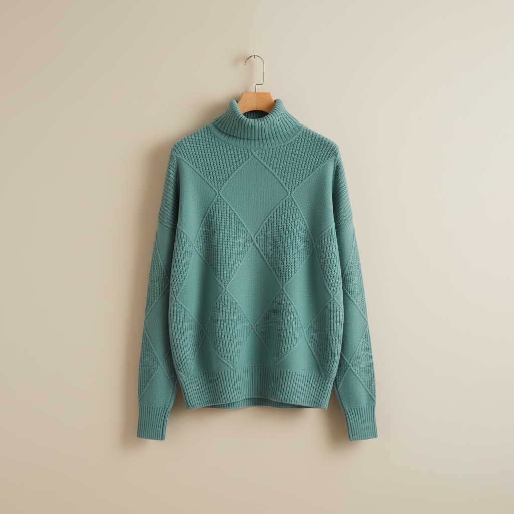Diamond Knit Turtleneck Sweater with Ribbed Cuffs