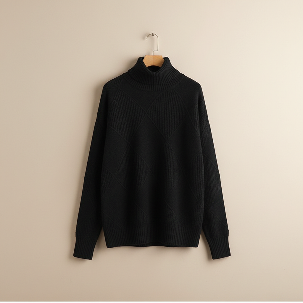 Diamond Knit Turtleneck Sweater with Ribbed Cuffs