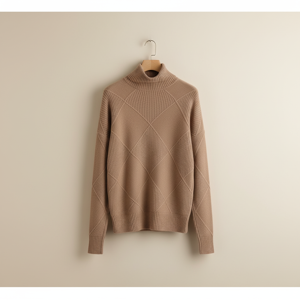 Diamond Knit Turtleneck Sweater with Ribbed Cuffs