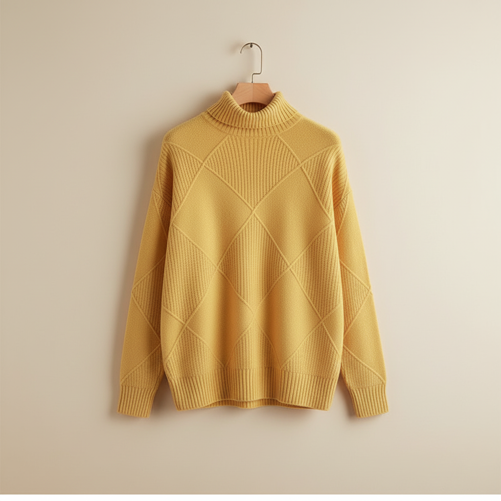 Diamond Knit Turtleneck Sweater with Ribbed Cuffs