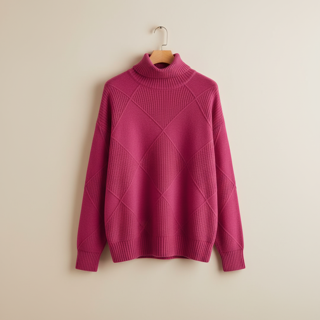Diamond Knit Turtleneck Sweater with Ribbed Cuffs