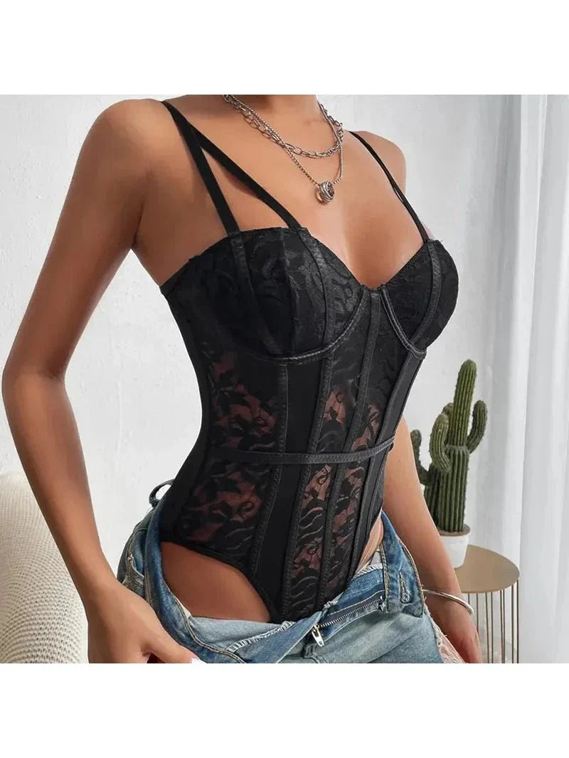 Embroidered Boned Corset Bodysuit