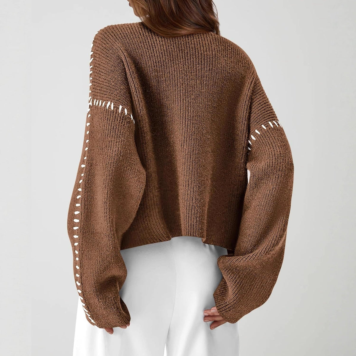 Oversized Mock Neck Sweater with Whipstitch Trim
