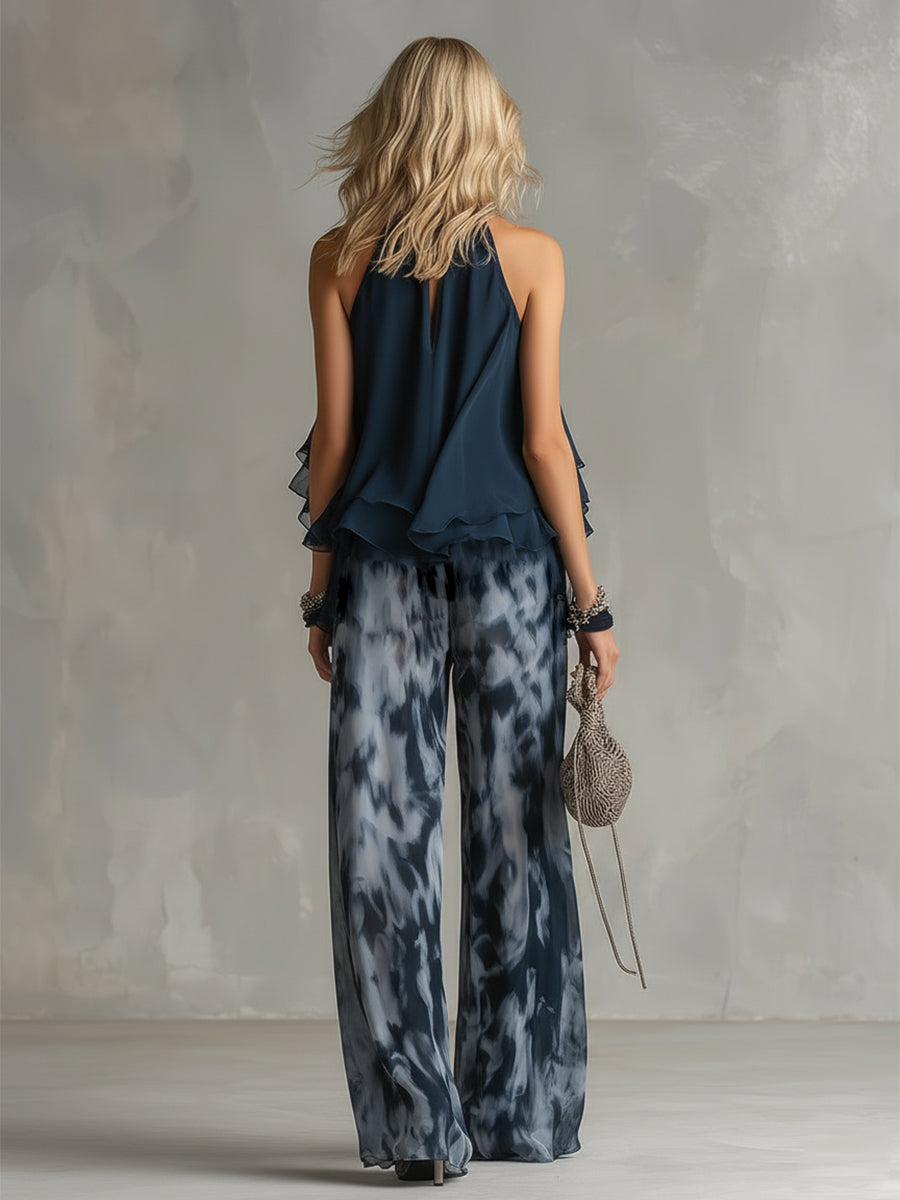 High-Neck Blouse and Printed Wide-Leg Trousers Set