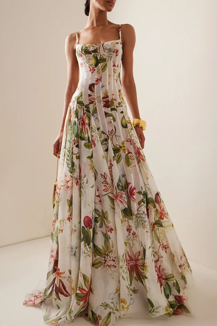 Ruched Sweetheart Neck Backless Floral Maxi Dress