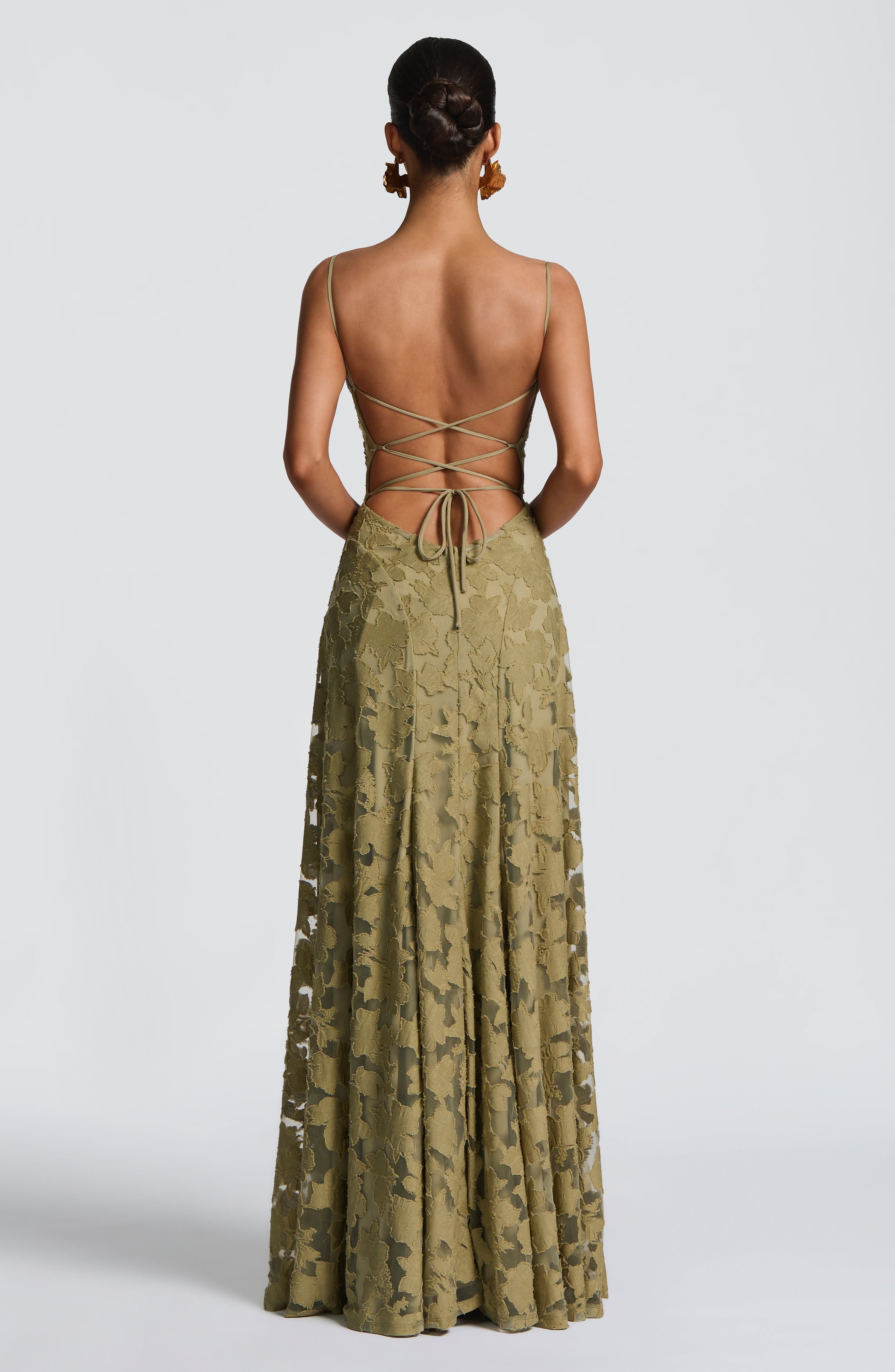 Floral Maxi Dress With Waterfall Neckline and Lace-Up Back