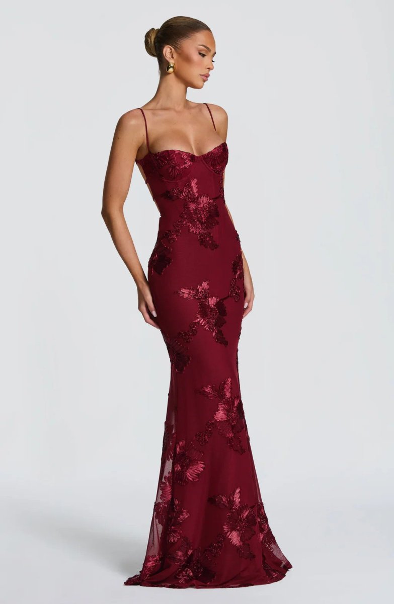 Floral Appliqué Maxi Dress With Lace-Up Back