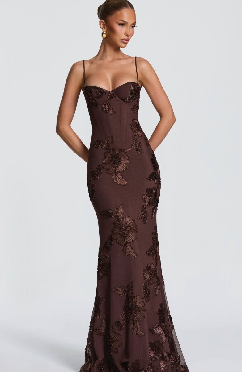 Floral Appliqué Maxi Dress With Lace-Up Back