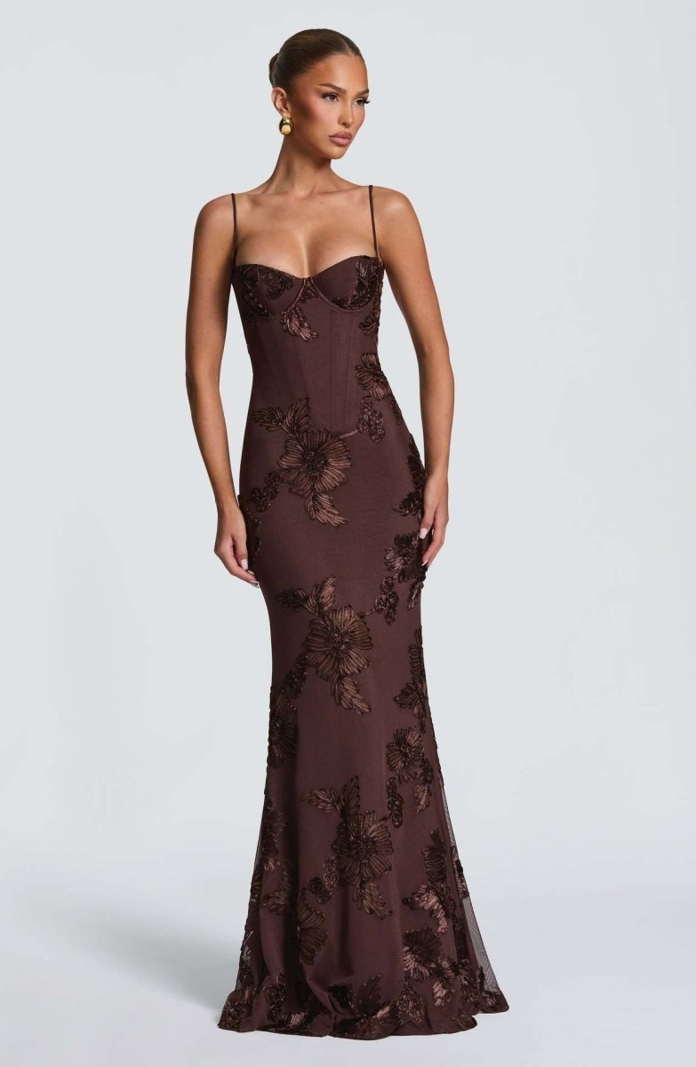 Floral Appliqué Maxi Dress With Lace-Up Back
