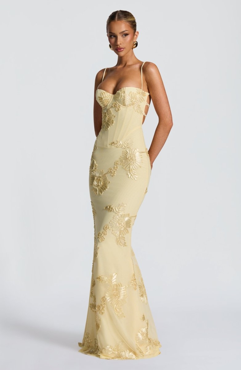 Floral Appliqué Maxi Dress With Lace-Up Back