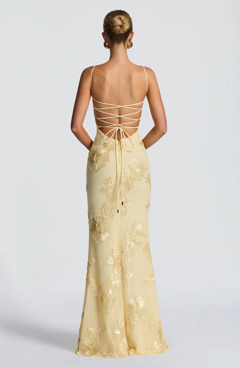 Floral Appliqué Maxi Dress With Lace-Up Back