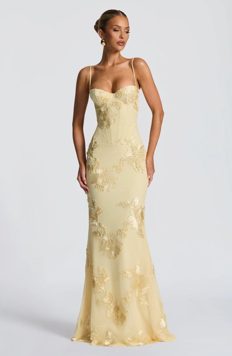 Floral Appliqué Maxi Dress With Lace-Up Back