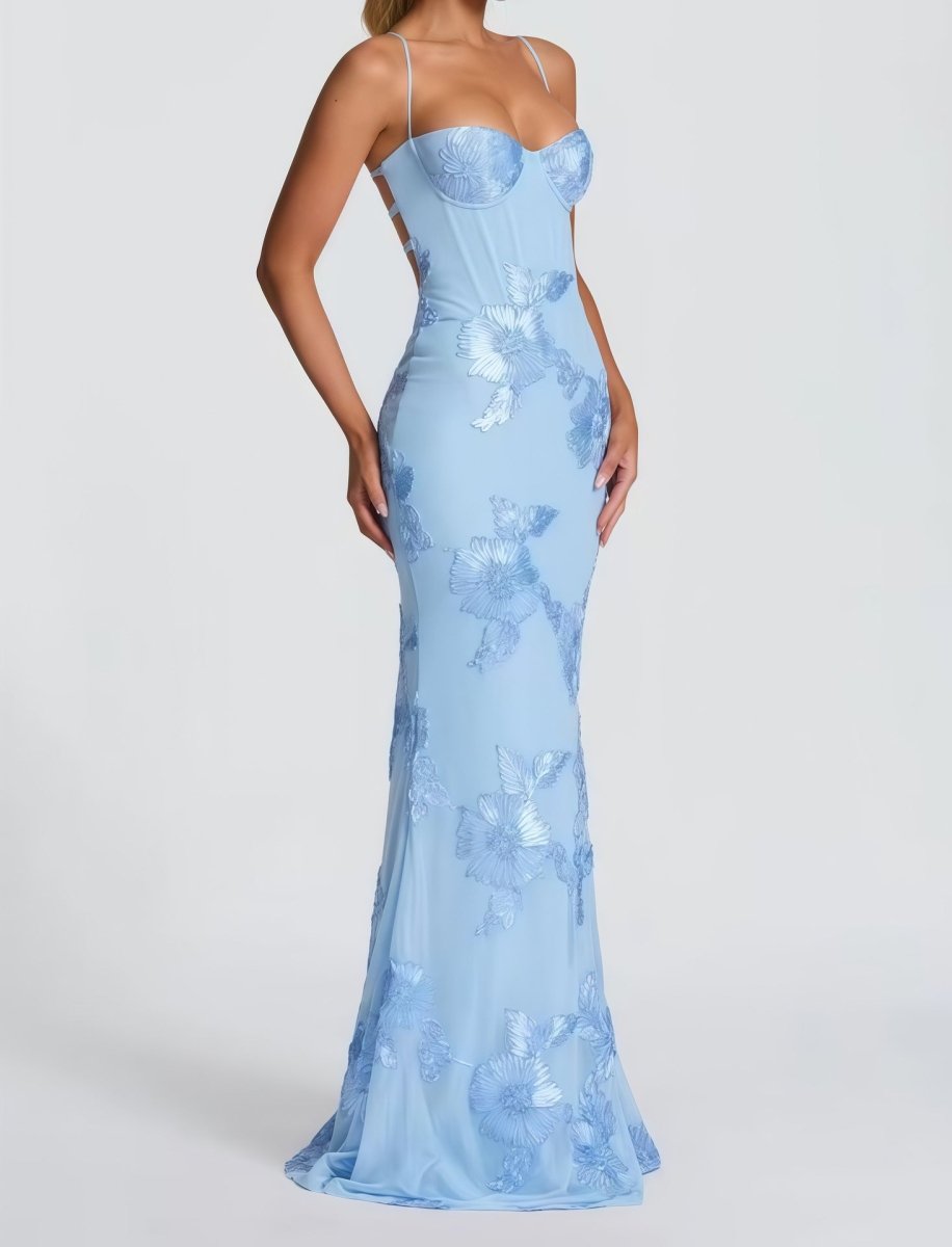 Floral Appliqué Maxi Dress With Lace-Up Back