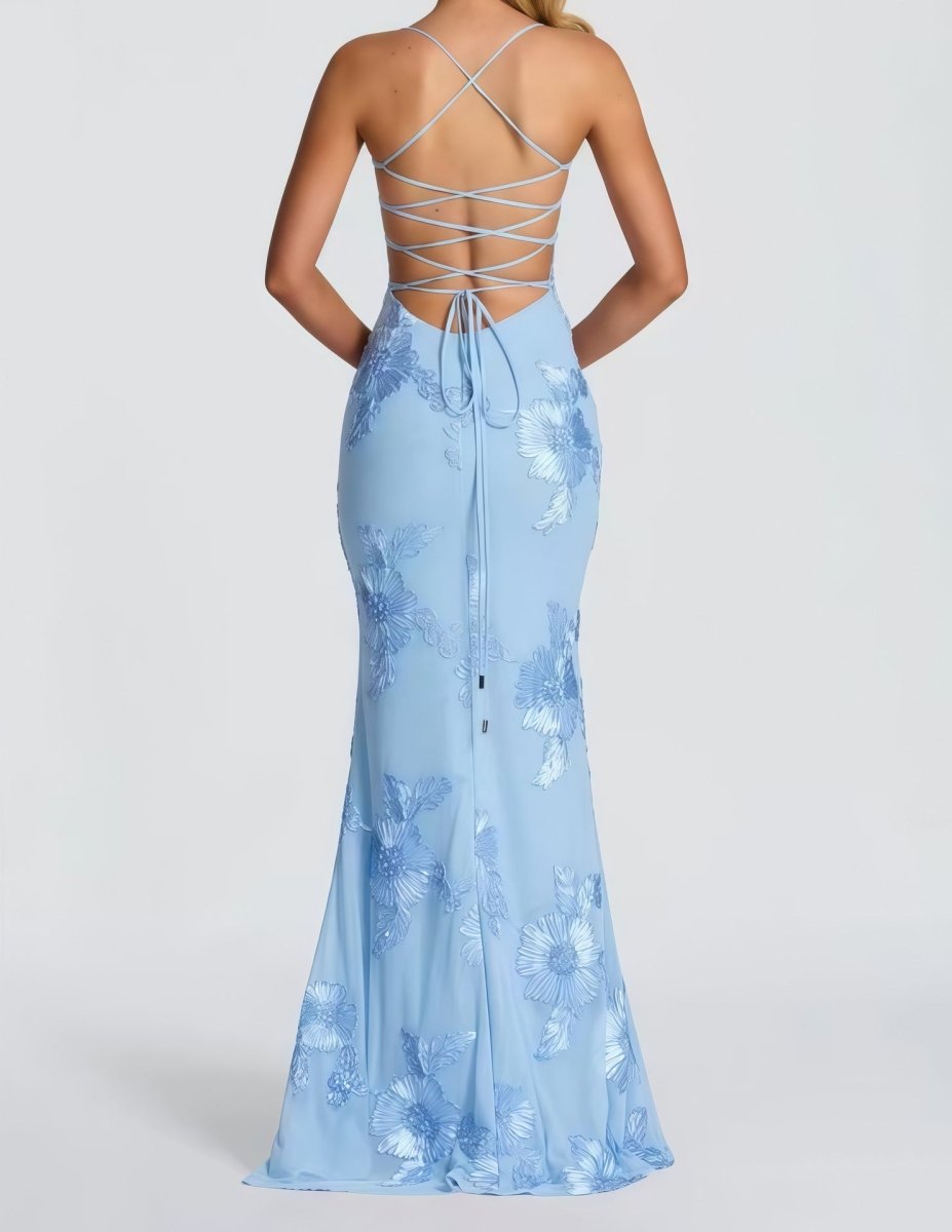 Floral Appliqué Maxi Dress With Lace-Up Back