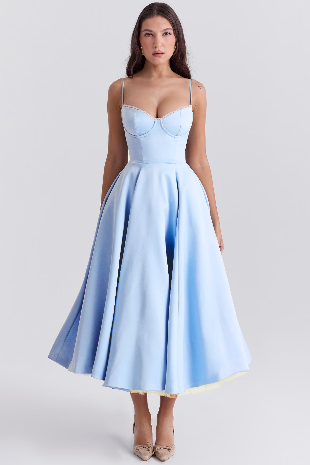Lace-Trim Midi Dress With Corset Bodice and Pockets