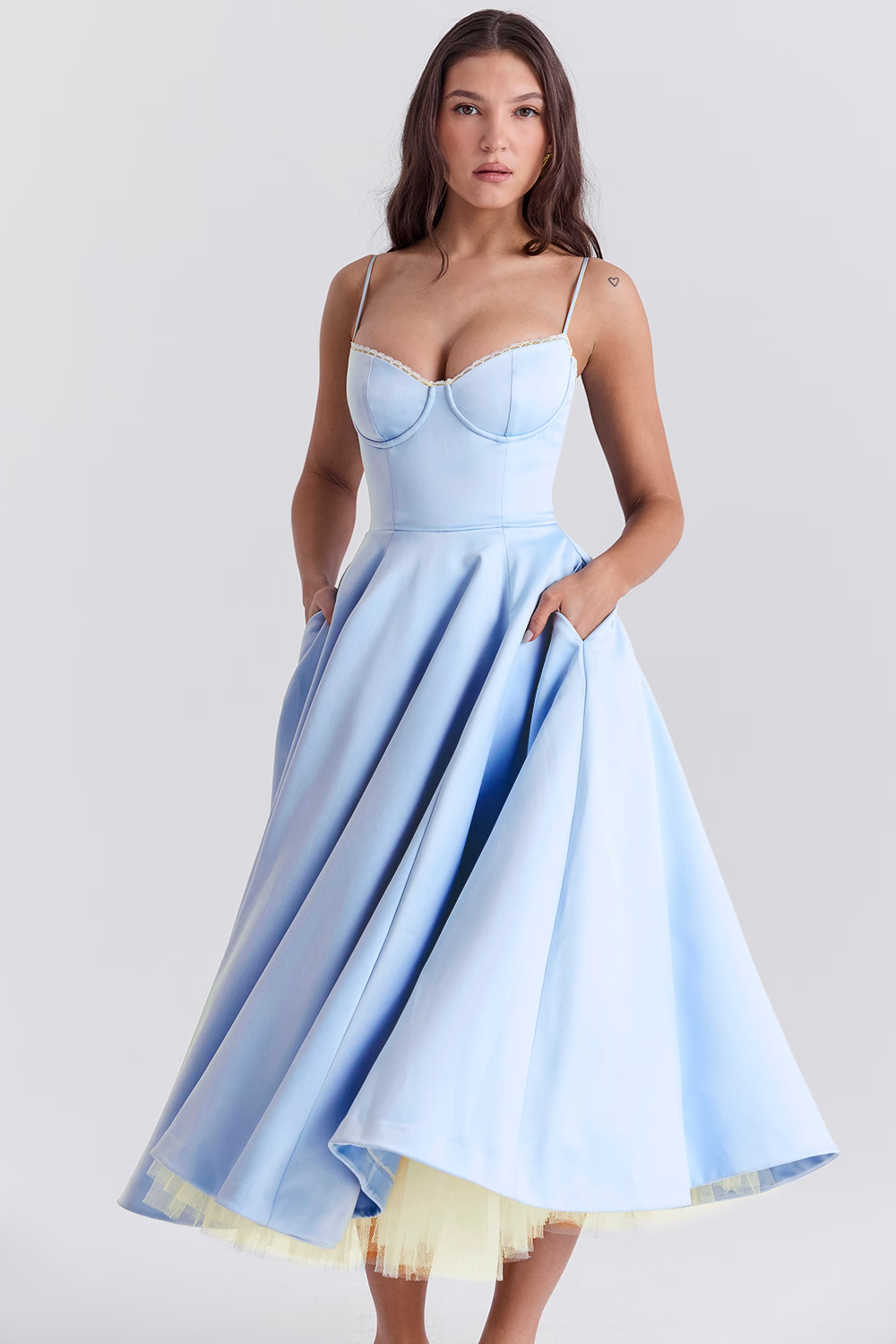 Lace-Trim Midi Dress With Corset Bodice and Pockets