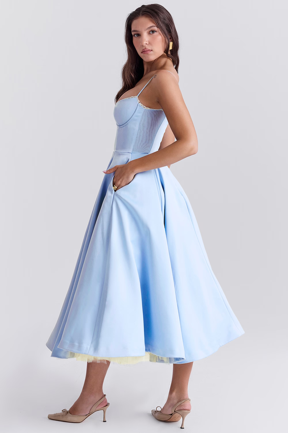Lace-Trim Midi Dress With Corset Bodice and Pockets