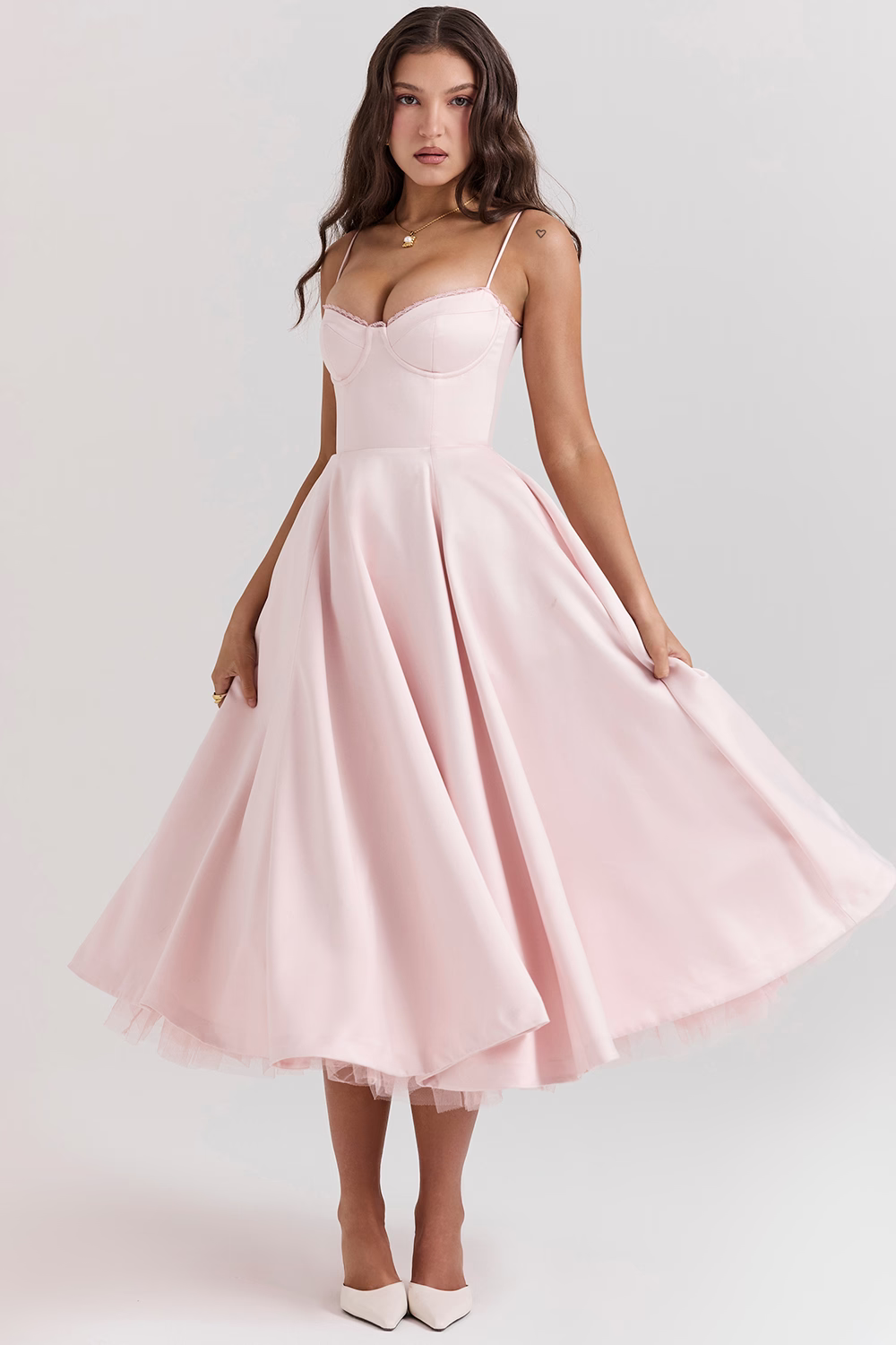 Lace-Trim Midi Dress With Corset Bodice and Pockets