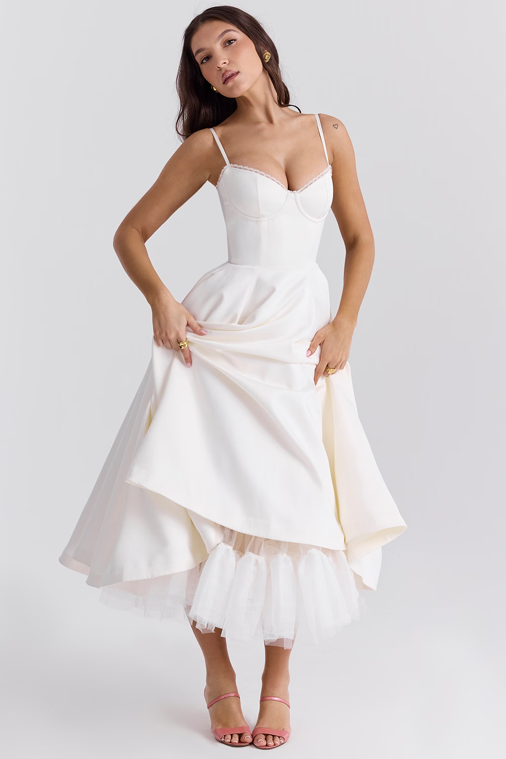 Lace-Trim Midi Dress With Corset Bodice and Pockets