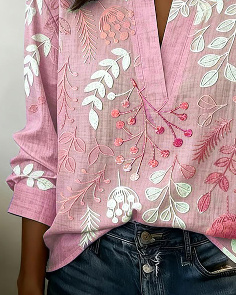 Floral Print V-Neck Blouse with Short Sleeves