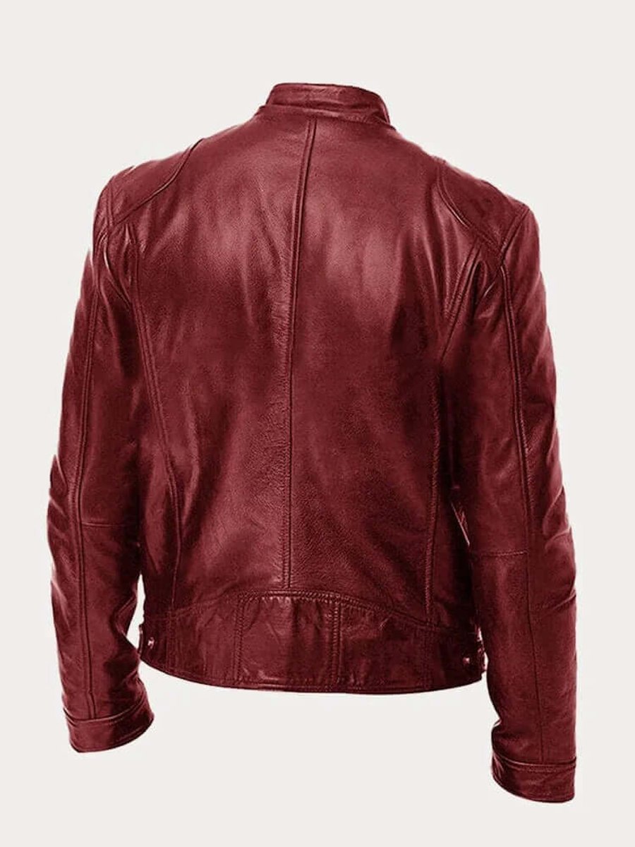 Classic Stand Collar Genuine Leather Biker Jacket