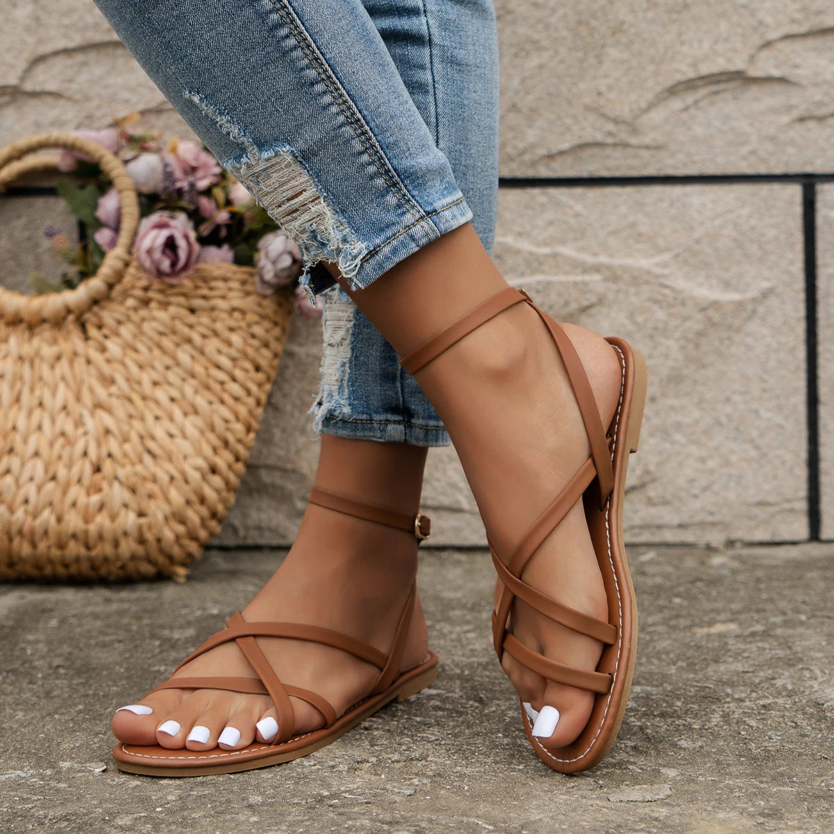 Criss Cross Ankle Strap Flat Sandals
