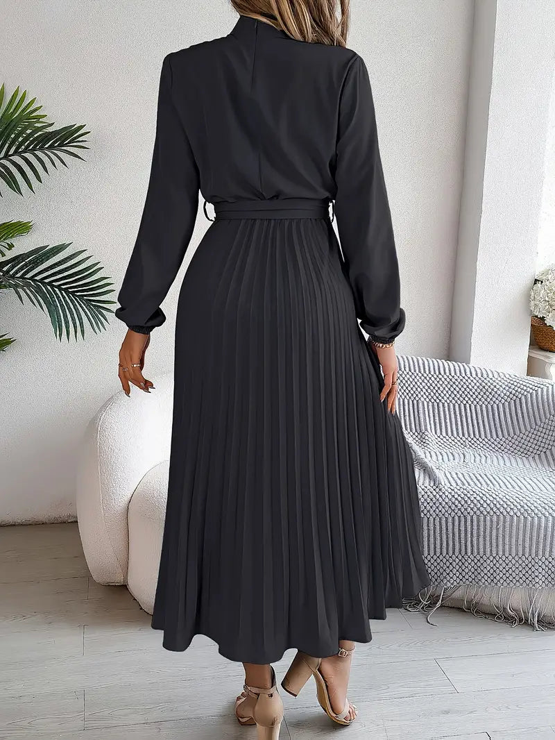 Belted Pleated Midi Dress with Long Sleeves