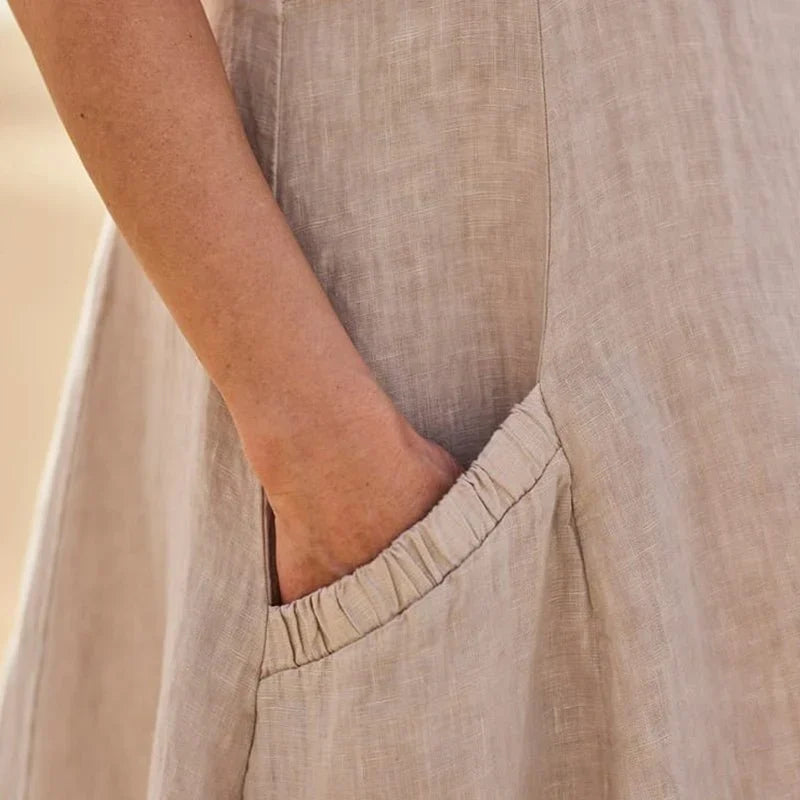 Relaxed Linen Midi Dress With Side Pockets