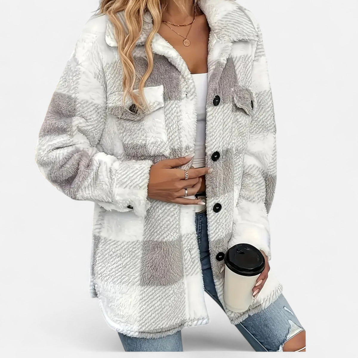Sophie Laurent Plush Checkered Sherpa Jacket
