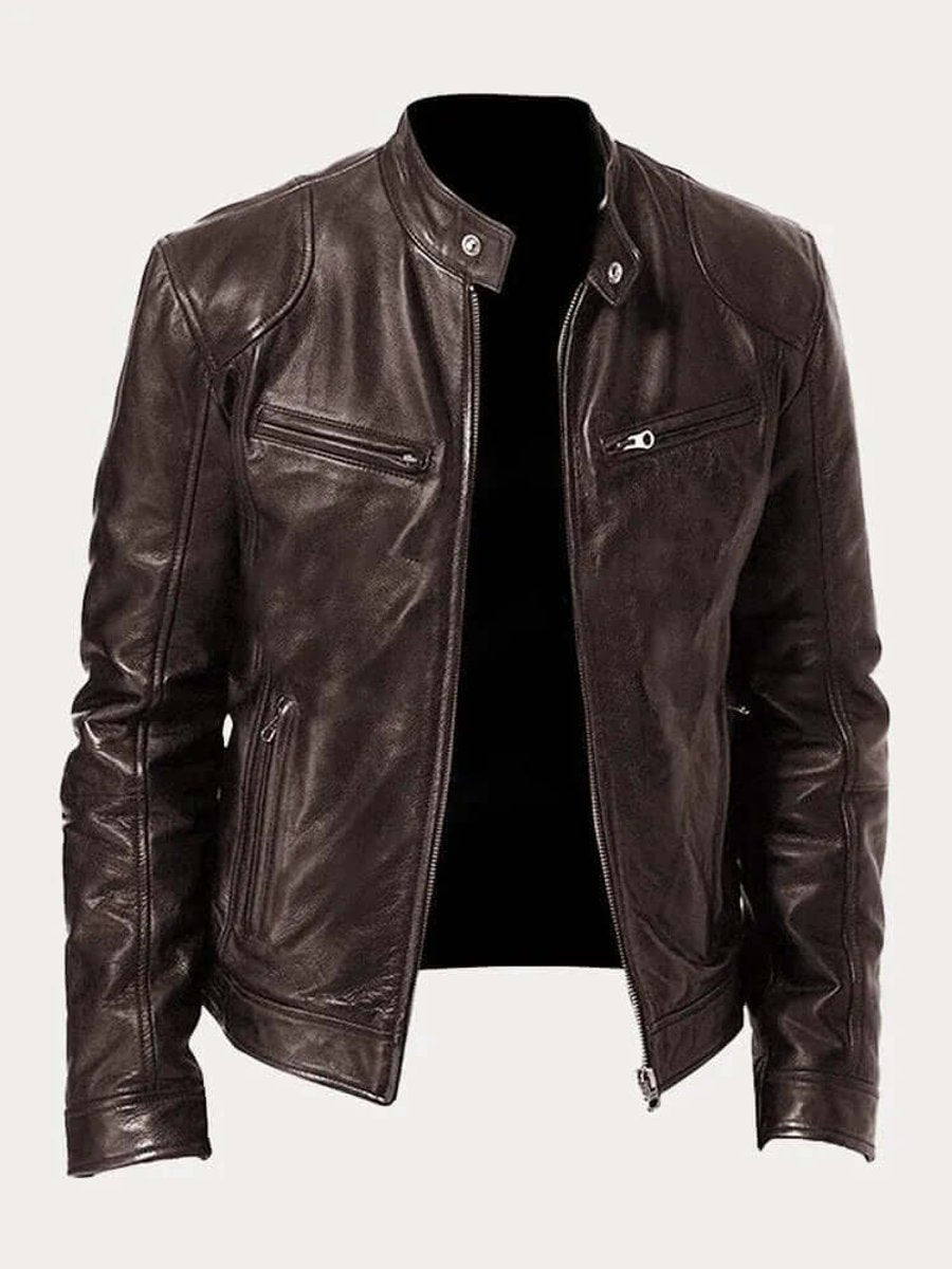 Classic Stand Collar Genuine Leather Biker Jacket