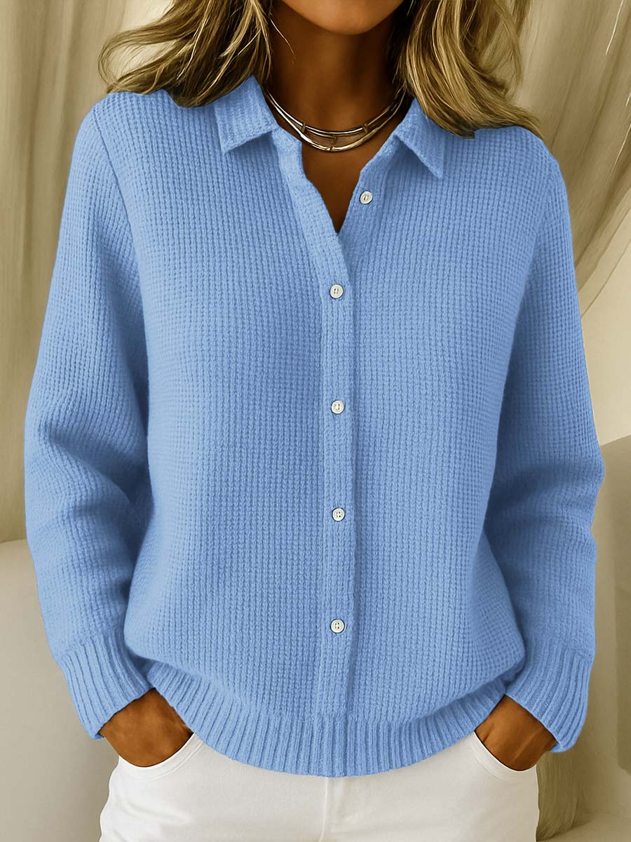 Fitted Hip Length Cardigan With Shirt Collar