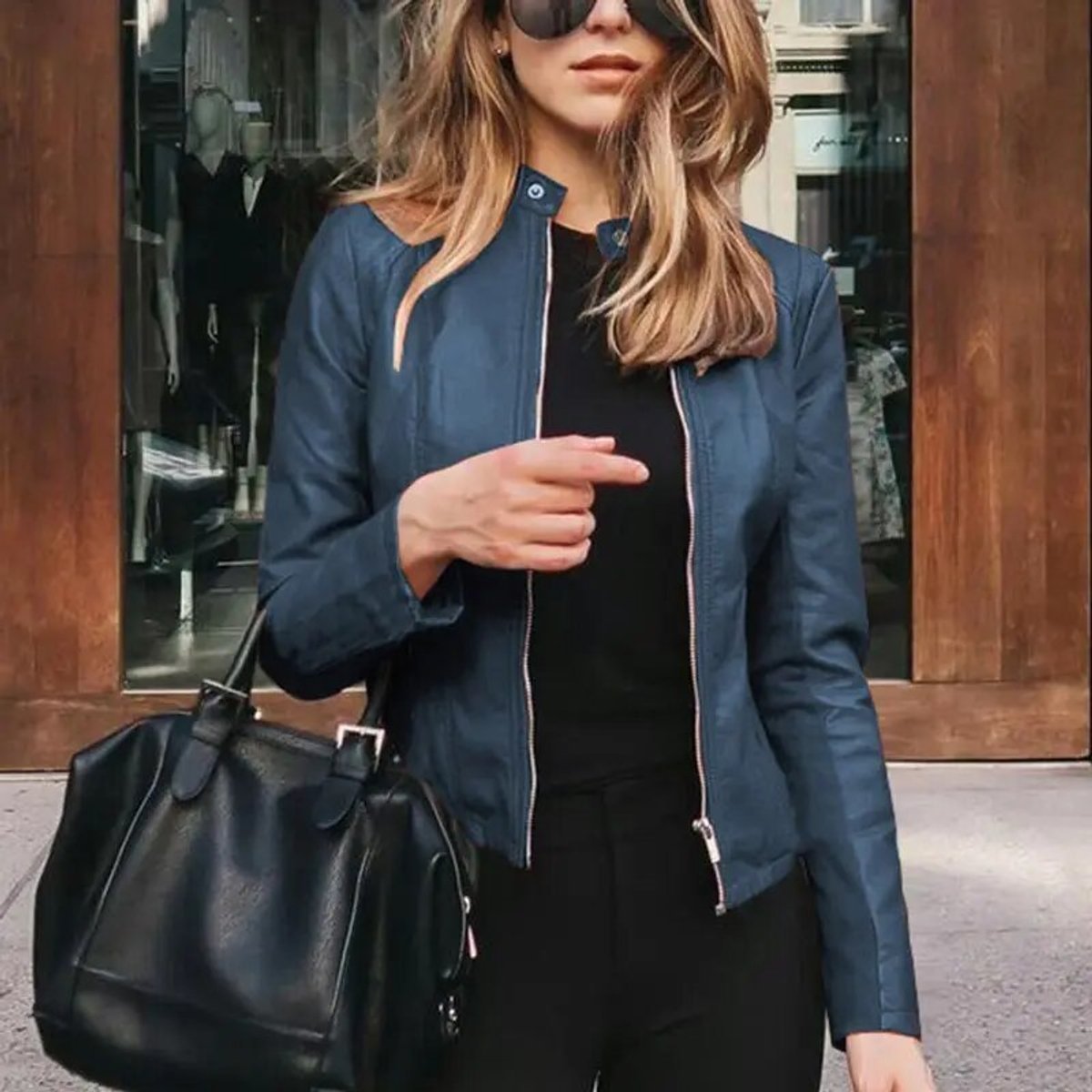 Cropped Stand Collar Faux Leather Zip Jacket
