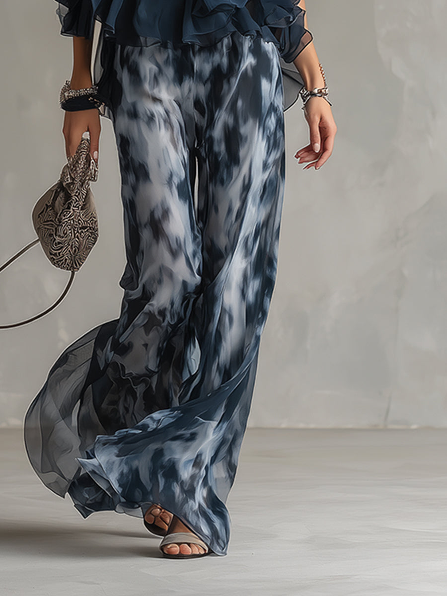 High-Neck Blouse and Printed Wide-Leg Trousers Set