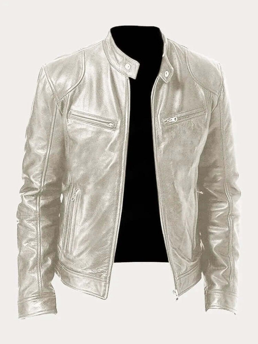 Classic Stand Collar Genuine Leather Biker Jacket