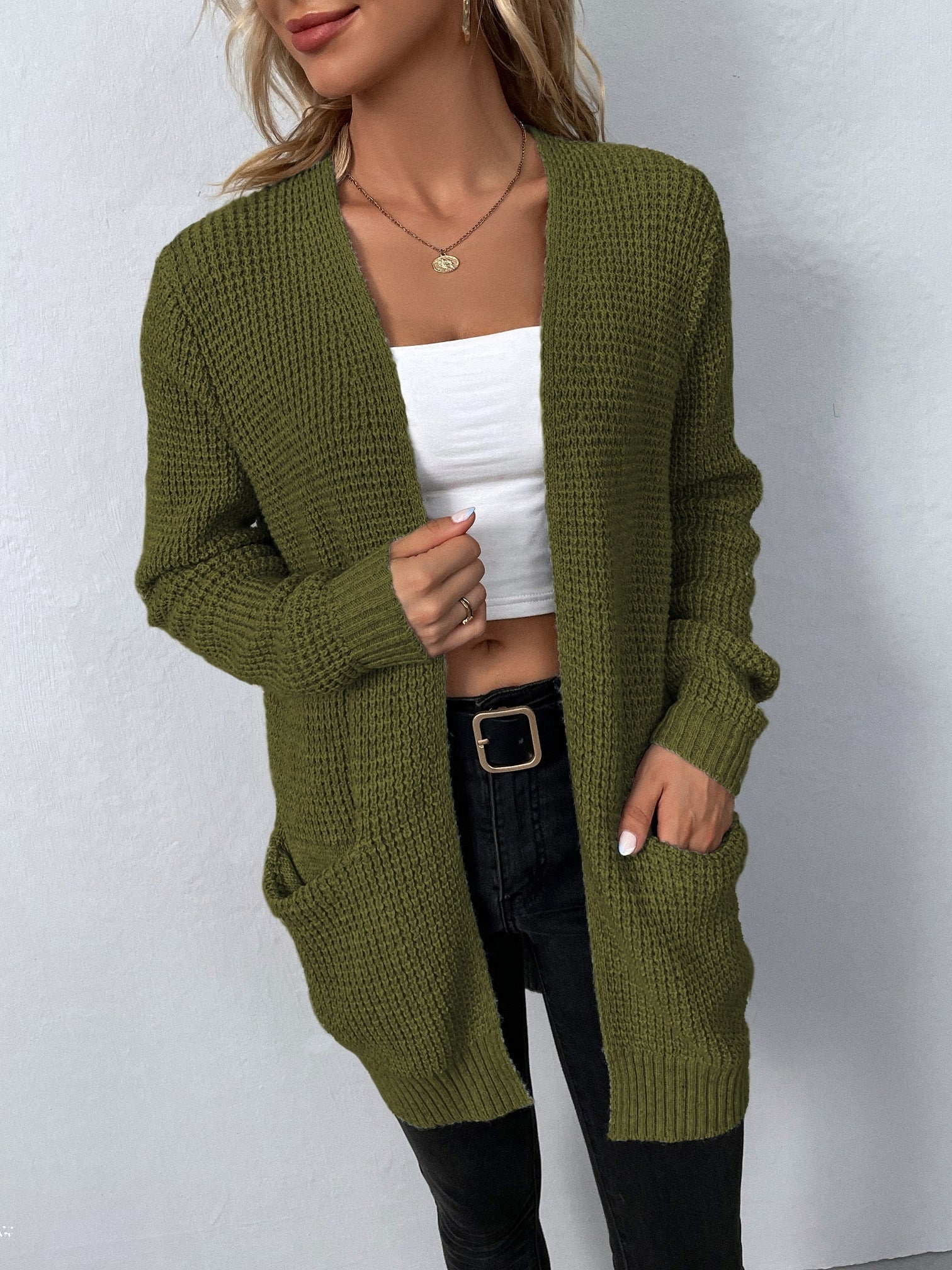 Long V Neck Cardigan With Front Pockets