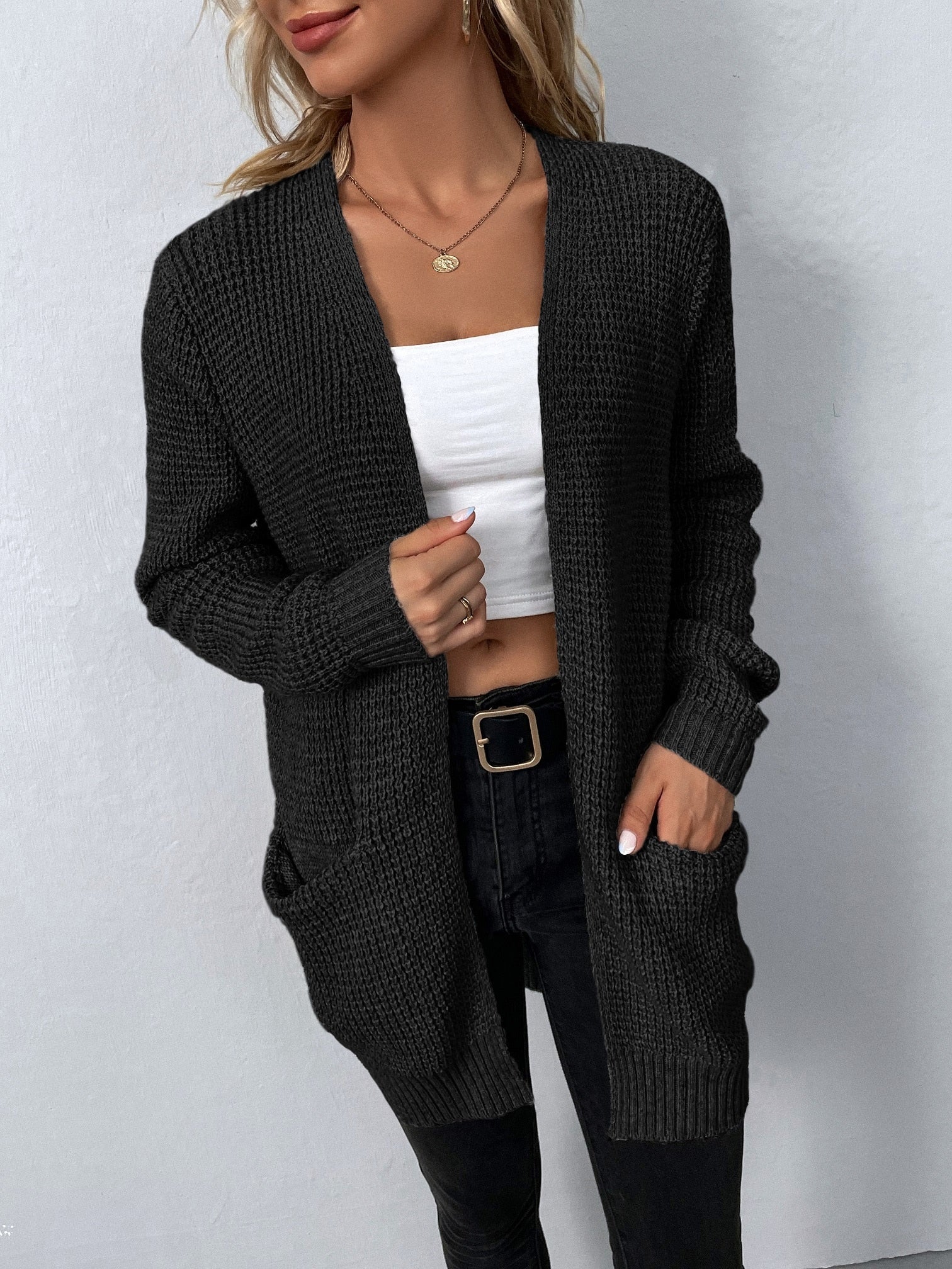Long V Neck Cardigan With Front Pockets