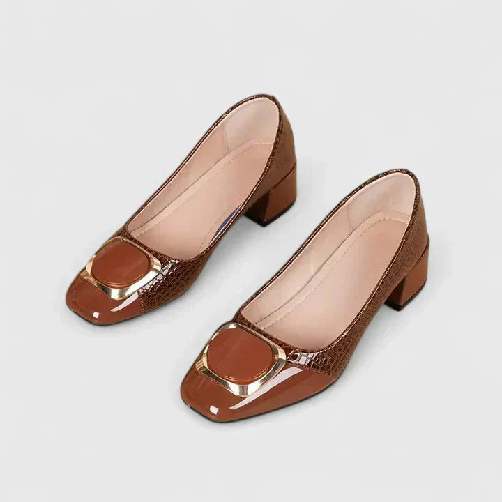 Square Toe Croc Embossed Block Heel Loafers