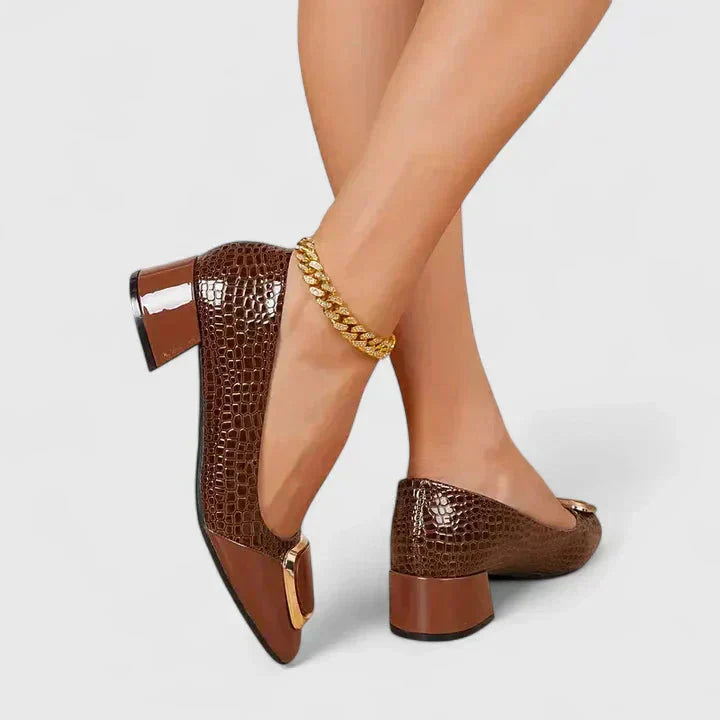 Square Toe Croc Embossed Block Heel Loafers